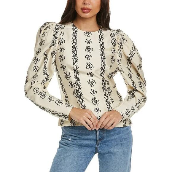 Ulla Johnson Layla Silk Floral Embroidered Puff Sleeve Ivory Blouse Size 8 - Picture 1 of 8